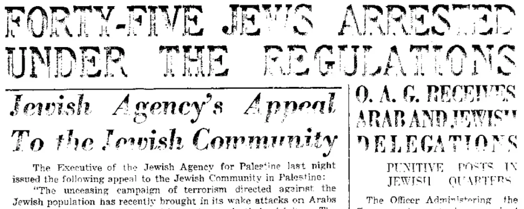 Newspaper article on a Zionist attack on Arabs in Palestine, 16 Nov 1937