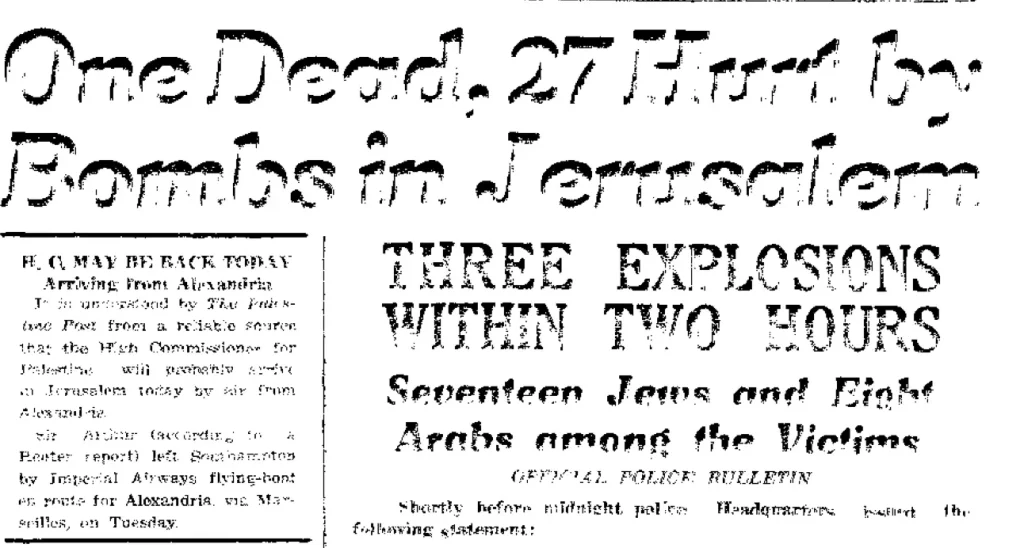 Palestine Post cutout March 18, 1937 on three bombs in Jerusalem