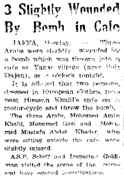 23 March 1937 reporting on bombing of an Arab cafe in Palestine