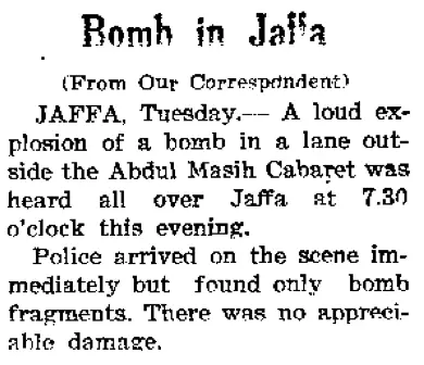 A newspaper cutout of bombing in Jaffa in 1937.