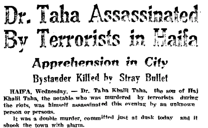 Assassination of Arab local leader in Haifa, 28 January 1937