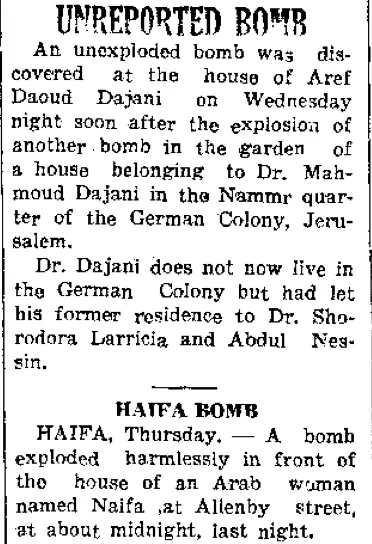 More bombs reported in Palestine in 28 May 1937