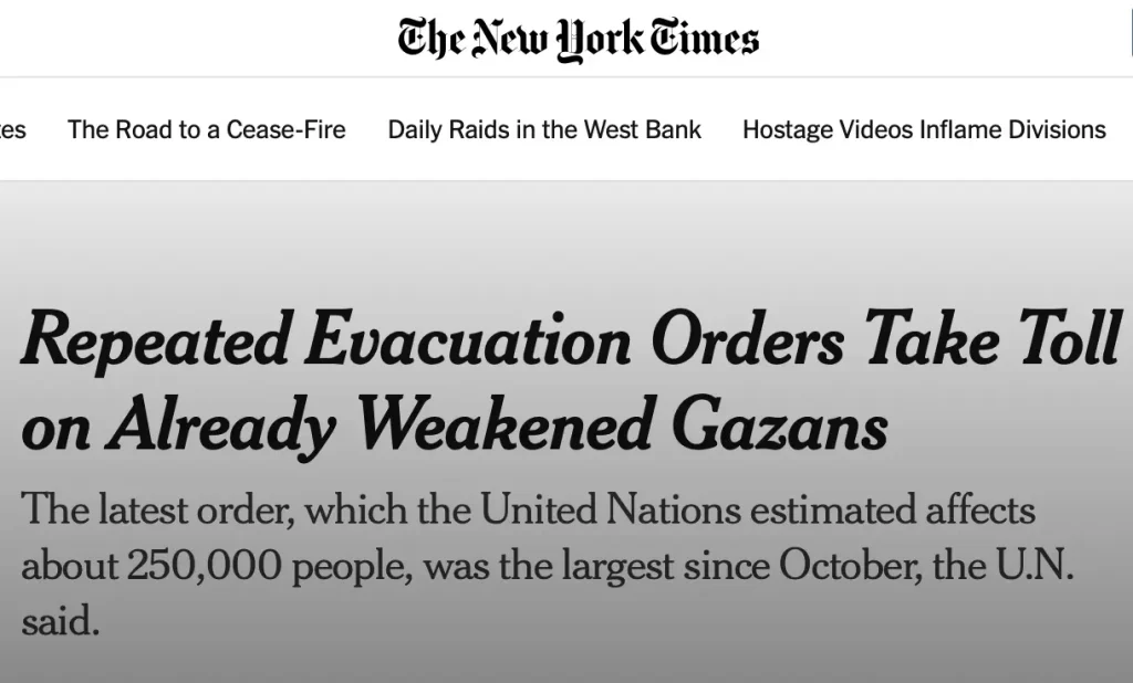 NYT not willing to defame Israel in forcing Gazans to evacuate.